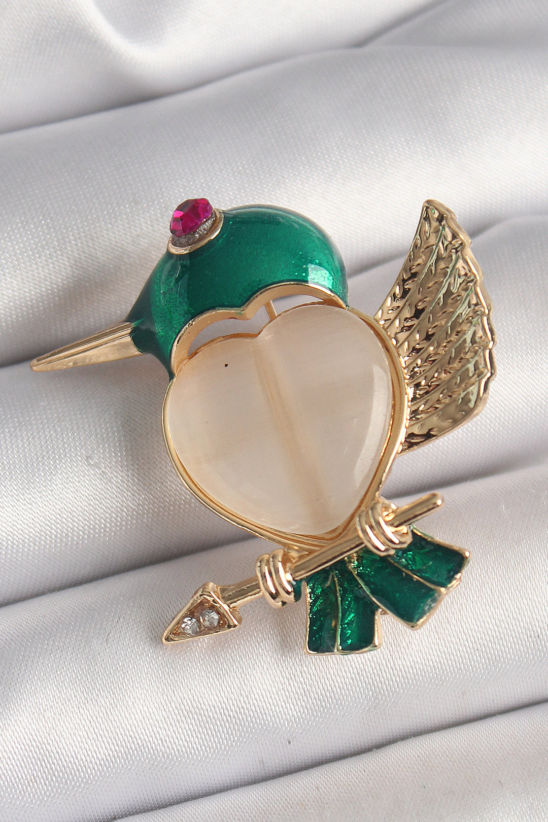 EBJ Gold Color White Enamel Heart Green Bird Model Pink Zircon Stone Detail Women's Brooch - Newark