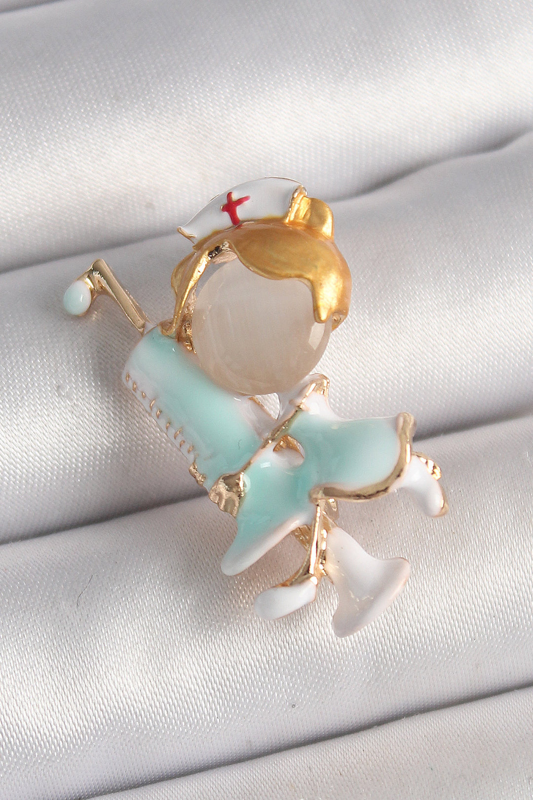 EBJ Rice Gold Color White Blue Color Nurse Model Syringe Detail Women's Brooch - Parkland