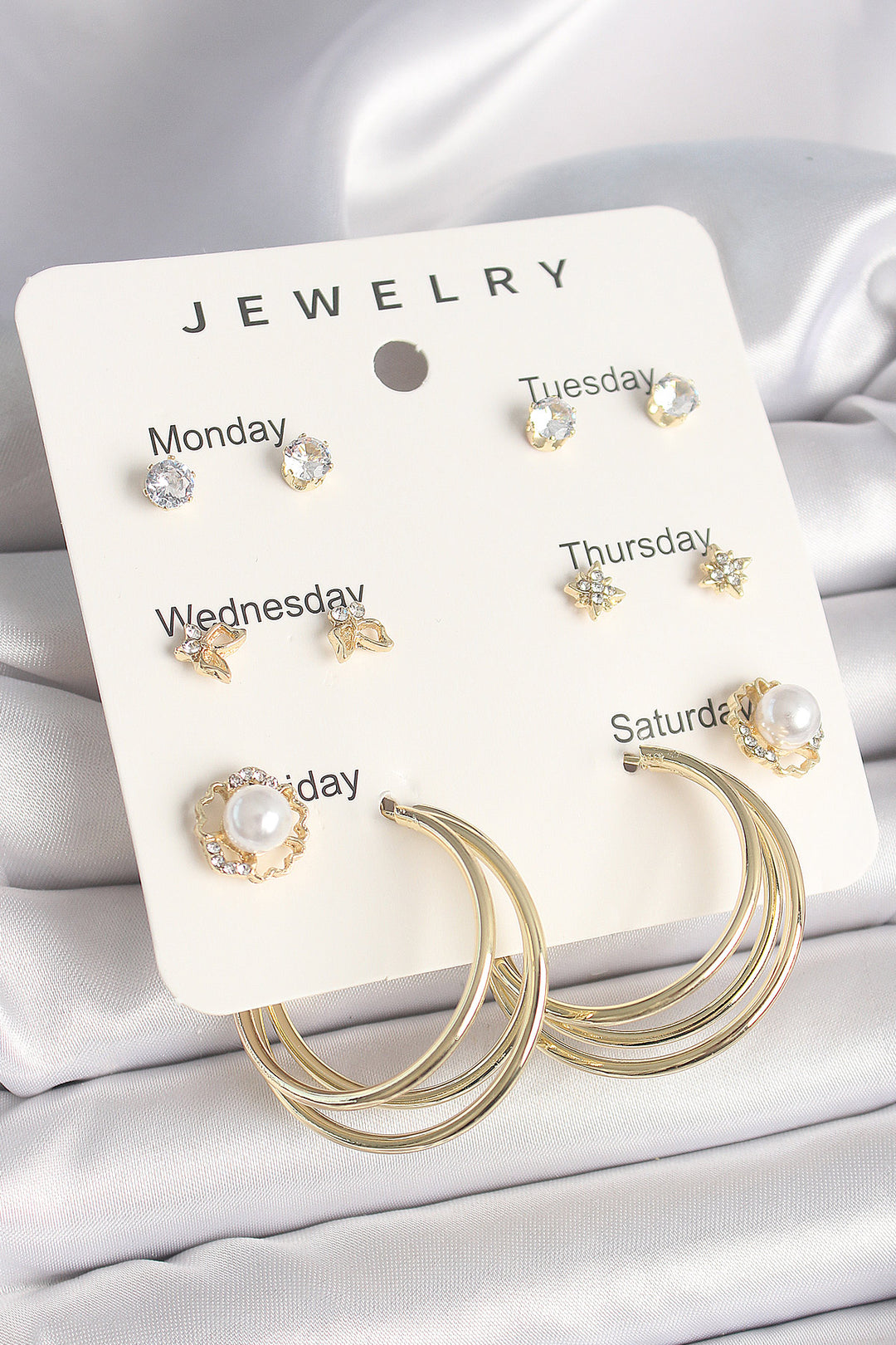 EBJ Rice Gold Color Zircon Stone Pearl Ring Figure 7-Piece Set Model Women's Earring Set - Baldwin Park