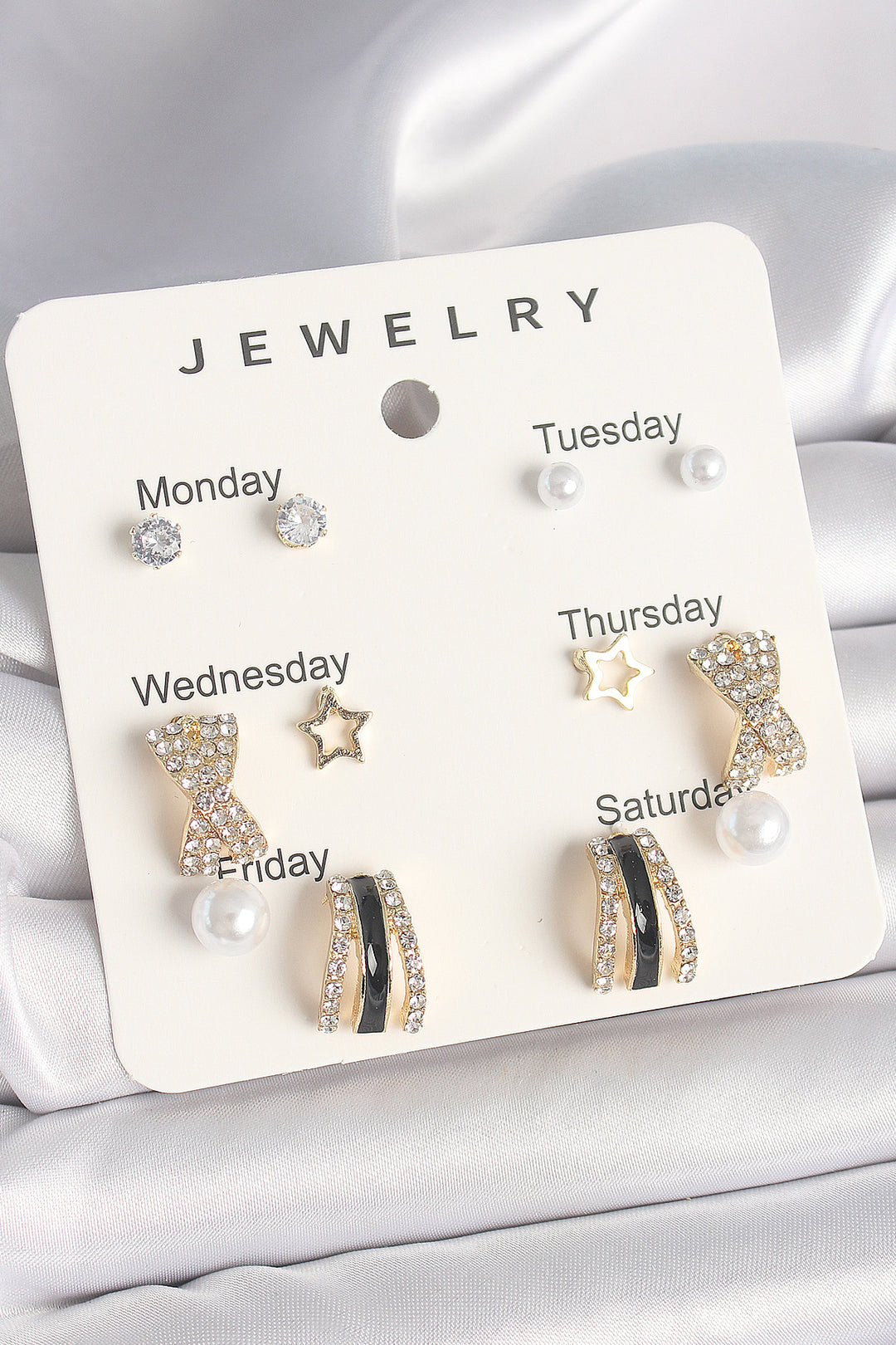 EBJ Rice Gold Color Zircon Stone Star Detailed Pearl 7-Piece Set Women's Earring Set - Balingen