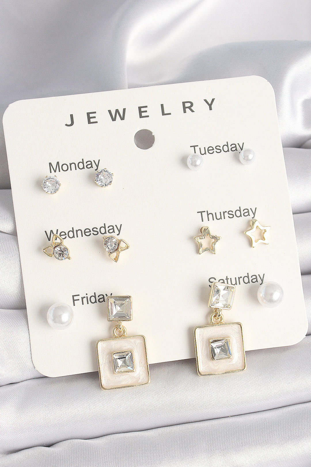 EBJ Rice Gold Color Zircon Stone Star Figure Dangle White Enamel Model 7-Piece Women's Earring Set - Savannah