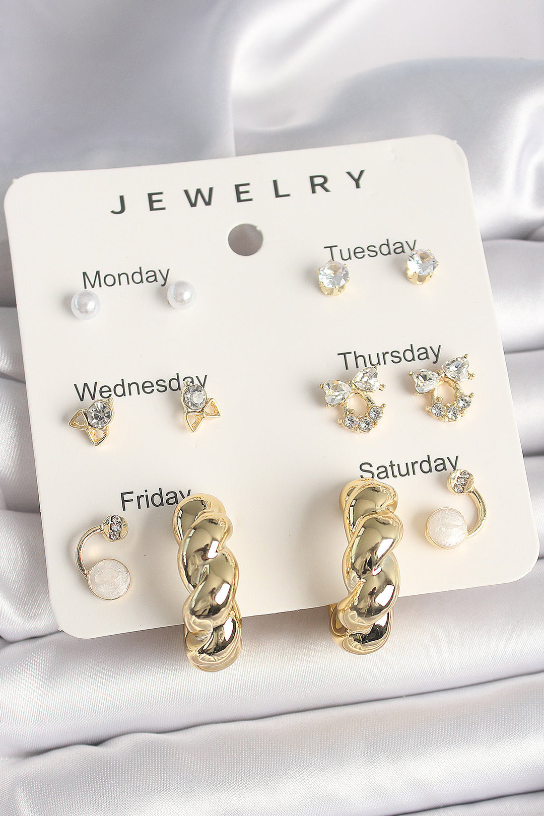 EBJ Rice Gold Color Spiral Ring Model Earrings Set with Zircon Stone for Women 7 Pieces - Arnold
