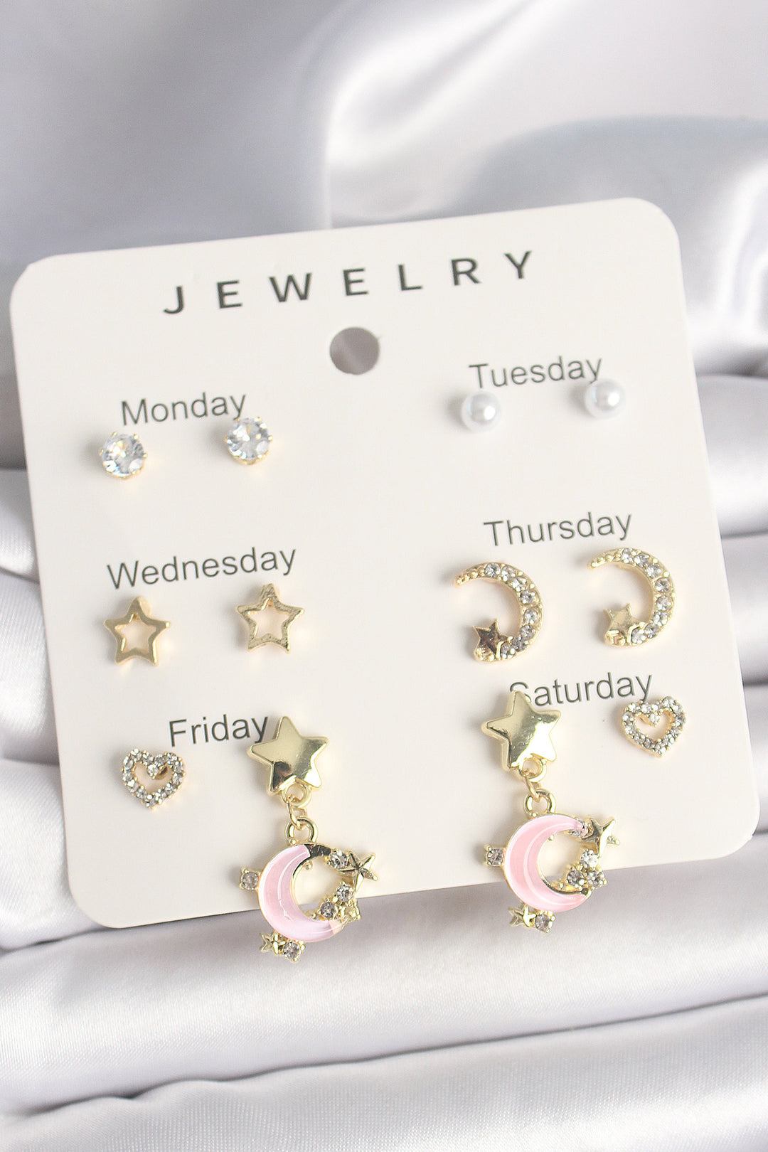 EBJ Rice Gold Color Zircon Stone Crescent Figure Pearl Detail Dangle Star Crescent Figure 7-Piece Women's Earring Set - Woonsocket