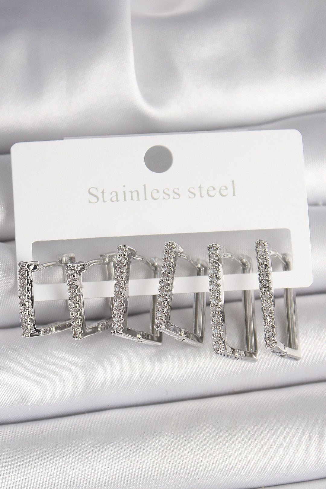 EBJ Rice Silver Color Square 3 Pairs of Square Model Women's Earrings with Zircon Stone - ’s-Hertogenbosch