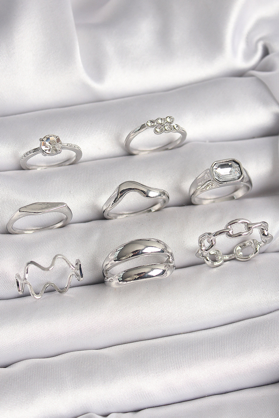 EBJ Rice Silver Color Zircon Stone Chain Model Detail Women's Ring Combination - Piteşti