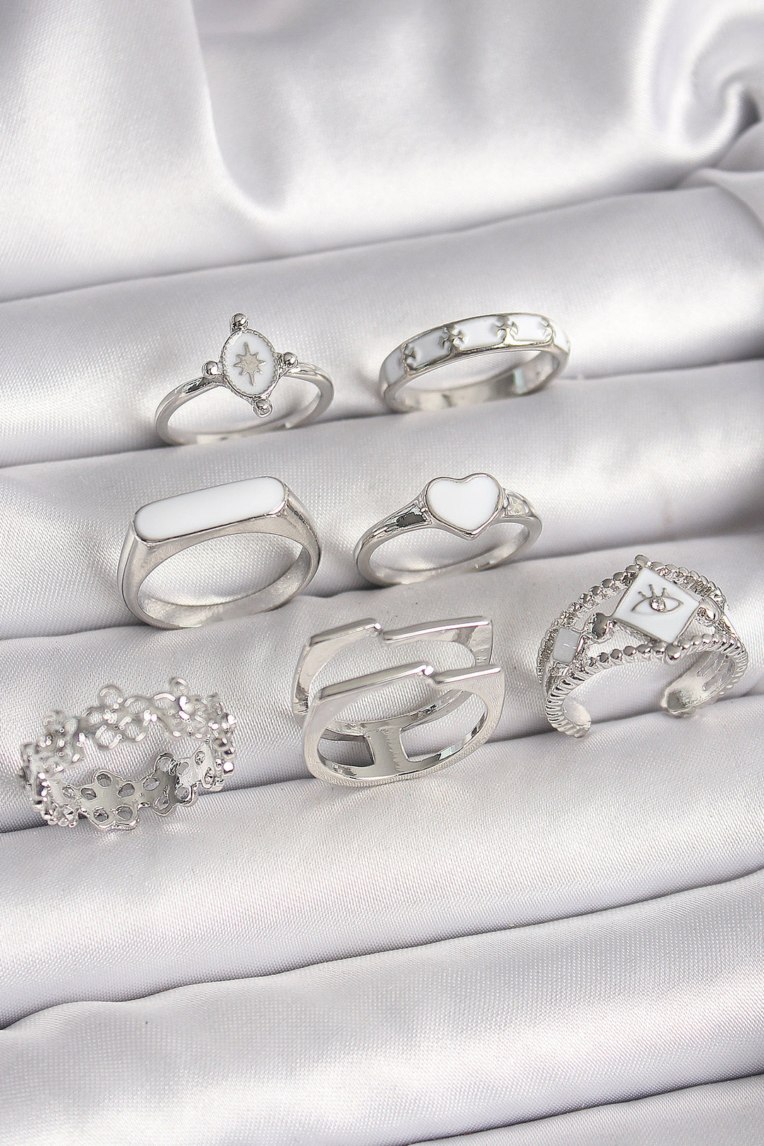 EBJ Rice Silver Color White Enamel Heart Flower Detail Women's Ring Combination - Cisterna di Latina