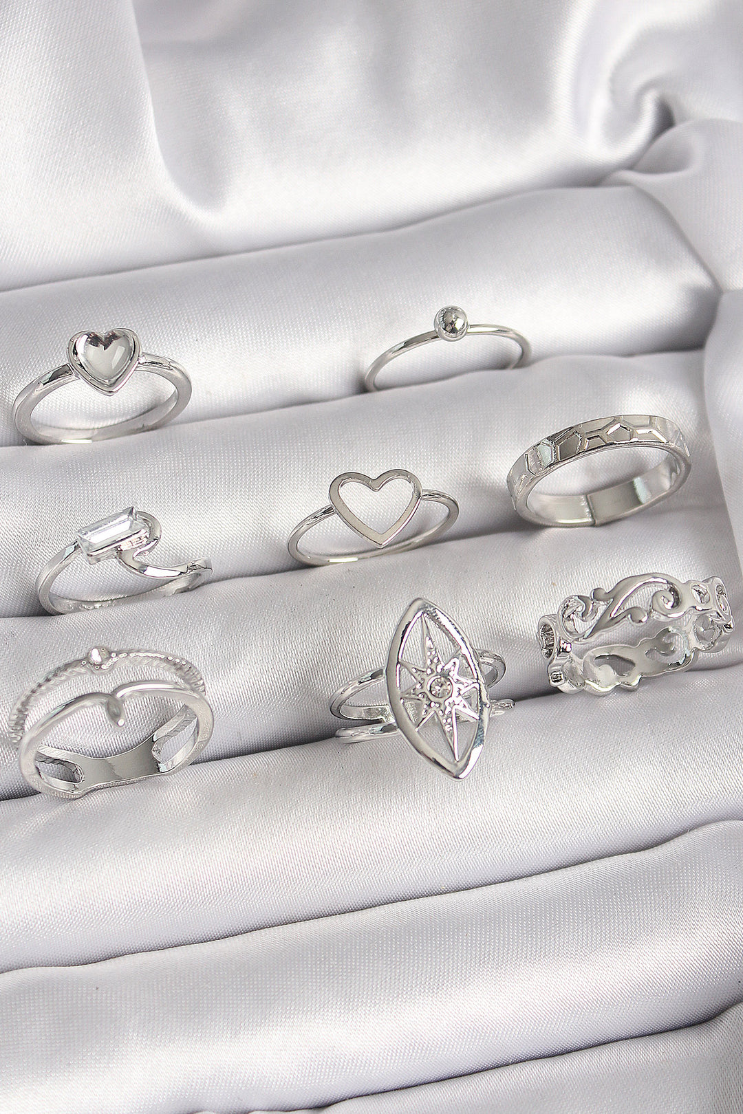 EBJ Rice Silver Color Zircon Stone Heart Pole Star Figure Women's Ring Combination - Izmail