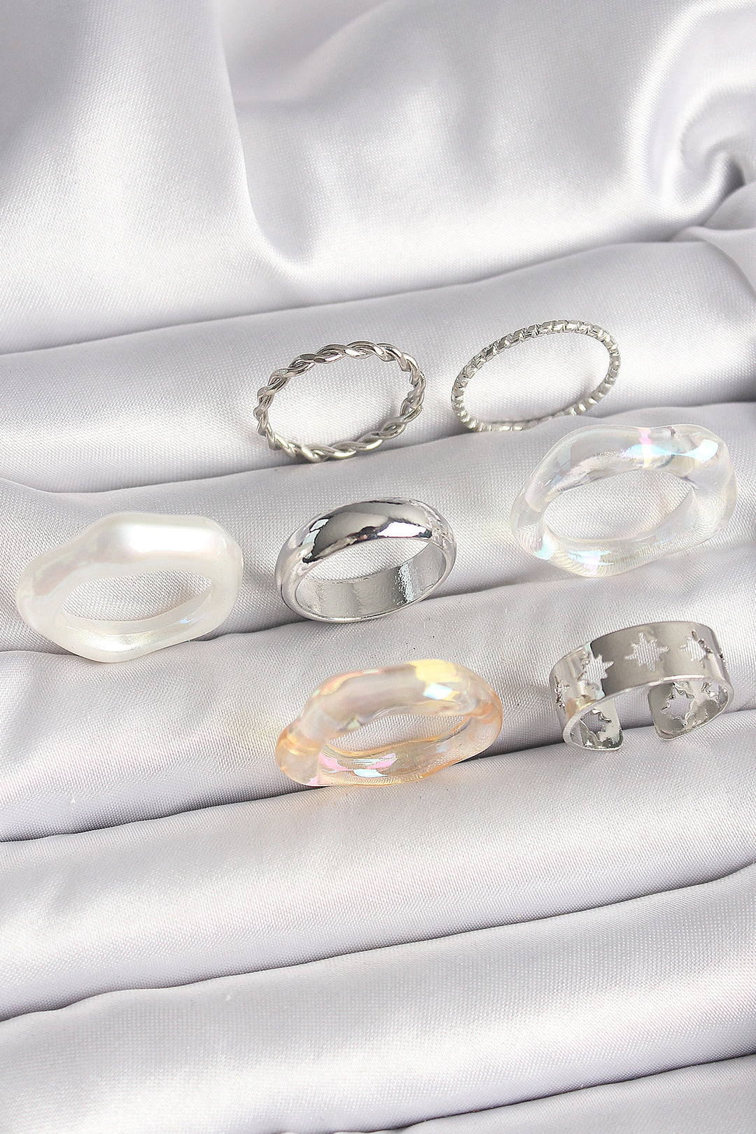 EBJ Rice Silver Color White Acrylic Plastic Model Pole Star Processing Detailed Women's Ring Set - Royal Tunbridge Wells