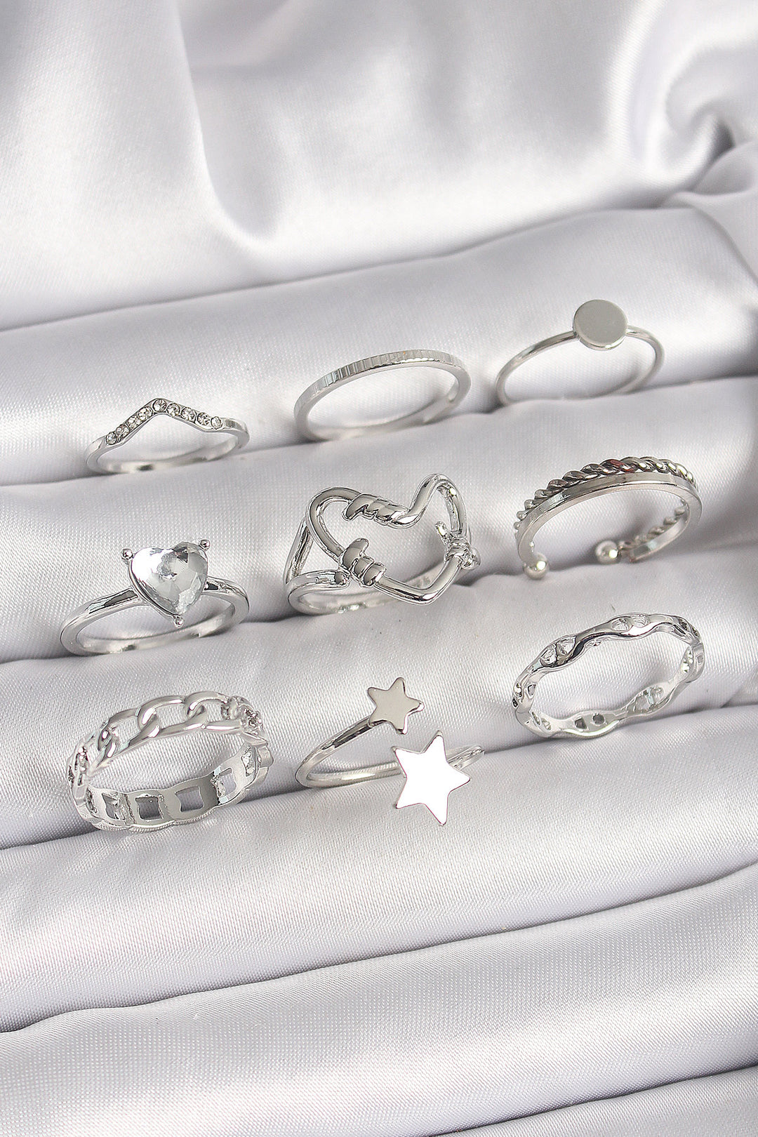 EBJ Rice Silver Color Zircon Stone Heart Figure Star Detail Women's Ring Combination - Cathedral City