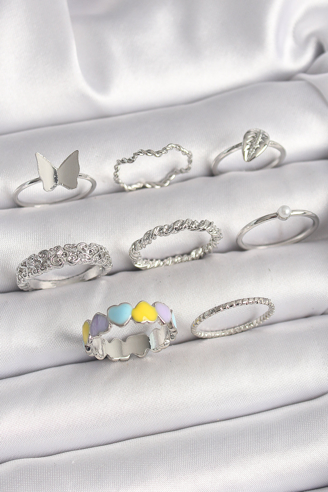 EBJ Rice Silver Color Heart Zircon Stone Butterfly Detailed Women's Ring Combination - Palo Alto