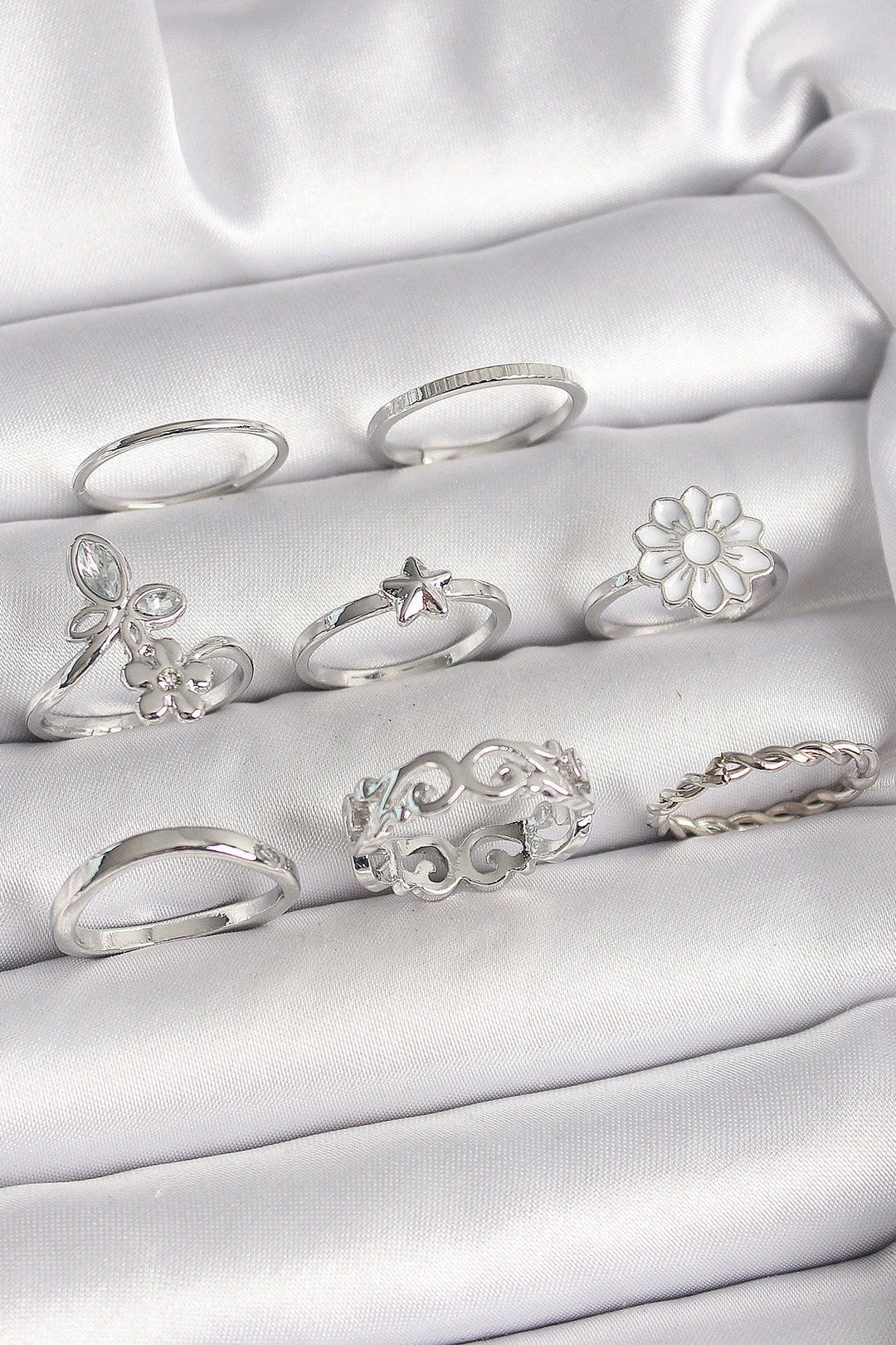 EBJ Rice Silver Color Zircon Stone Butterfly Figure Flower Star Detail Women's Ring Combination - Akron