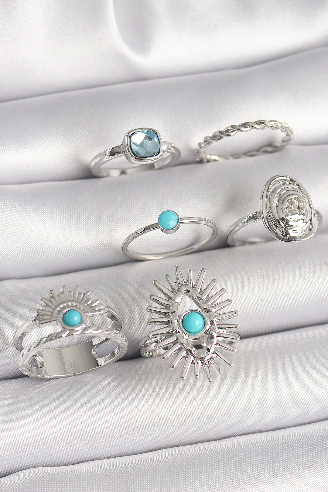 EBJ Rice Silver Color Blue Stone Square Zircon Stone Detailed Women's Ring Combination - Houston