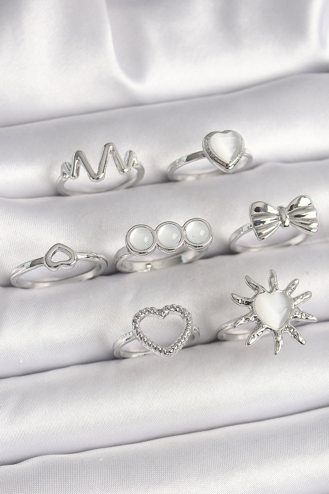 EBJ Rice Silver Color White Mother of Pearl Heart Figure Ribbon Detail Women's Ring Combination - Pomona