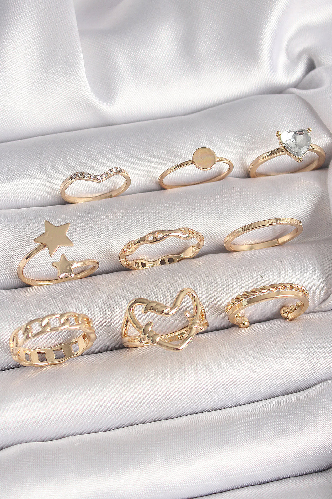 EBJ Rice Gold Color Zircon Stone Detailed Heart Star Figure Women's Ring Combination - Lehi