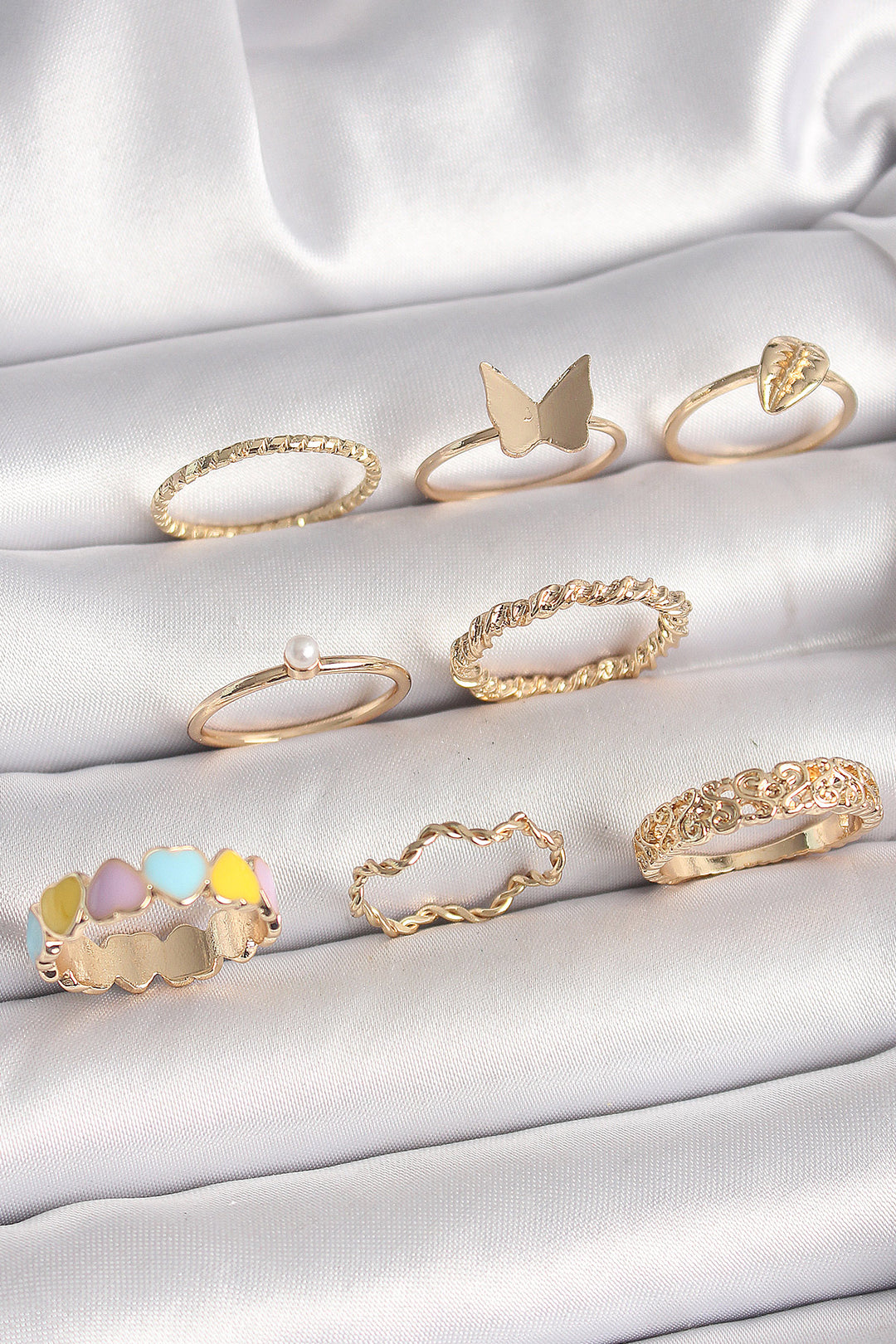 EBJ Rice Gold Colorful Heart Model Pearl Detail Women's Ring Combination - Victoriaville