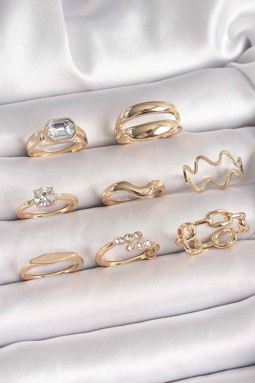 EBJ Rice Gold Color Wave Model Chain Detail Women's Ring Combination with Zircon Stone - Goodyear
