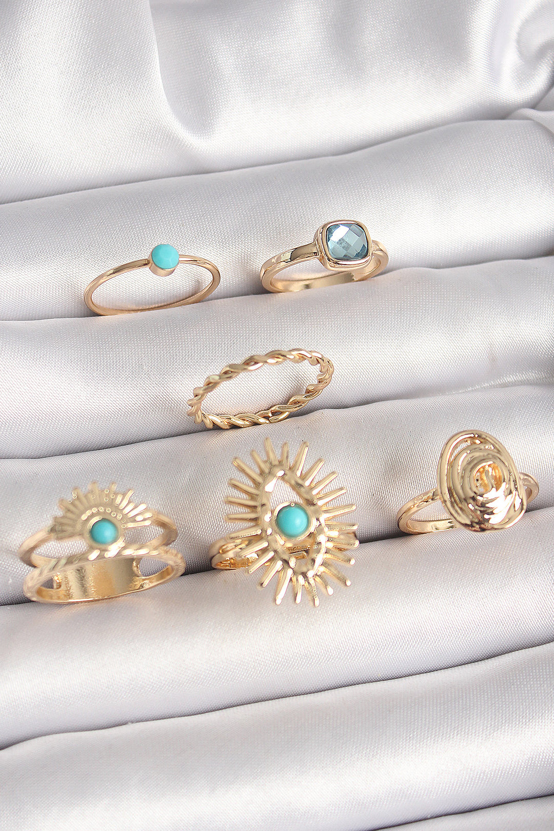 EBJ Rice Gold Color Blue Stone Eye Model Square Zircon Stone Women's Ring Combination - Dijon