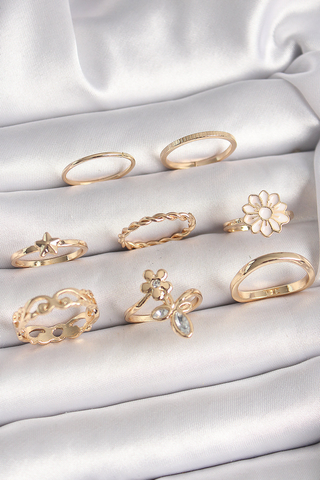 EBJ Rice Gold Color Flower Pattern Zircon Stone Detail Women's Ring Combination - Islip