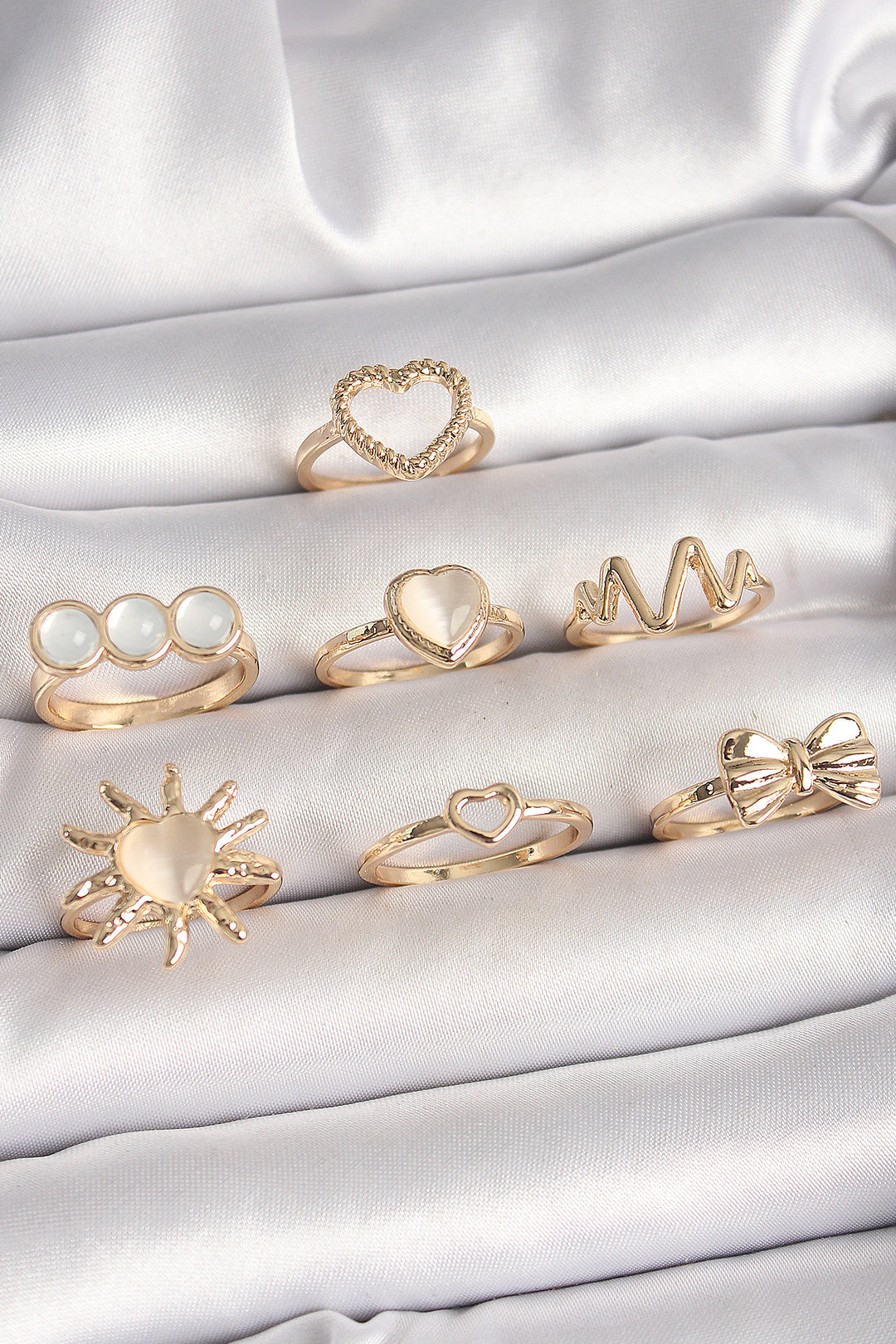 EBJ Rice Gold Color White Enamel Heart Model Ribbon Detail Women's Ring Combination - Victoriaville