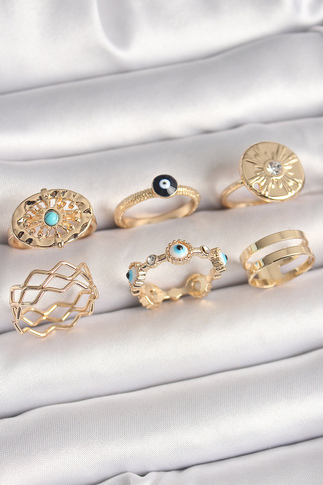 EBJ Rice Gold Color Blue Stone Zircon Stone Detailed Wave Pattern Women's Ring Combination - Fresnillo