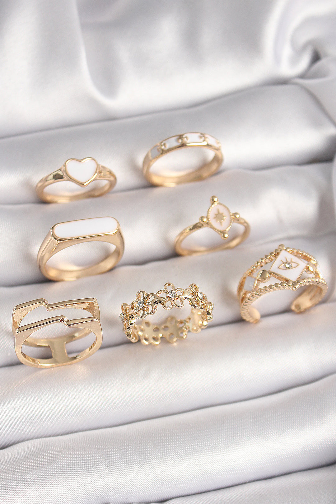 EBJ Rice Gold Color White Enamel Heart Zircon Stone Flower Detail Women's Ring Combination - Ridderkerk