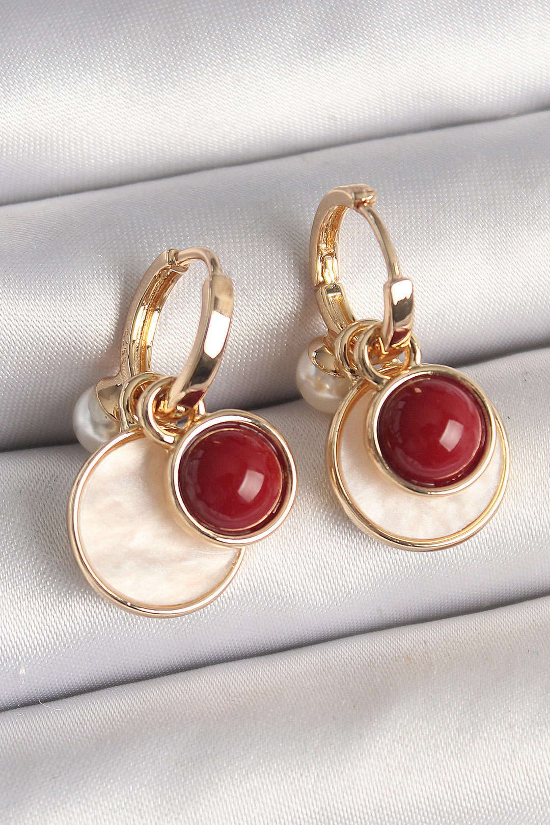 EBJ Rice Gold Color Dangle Earrings with White Enamel and Burgundy Detail for Women - Sankt Gallen