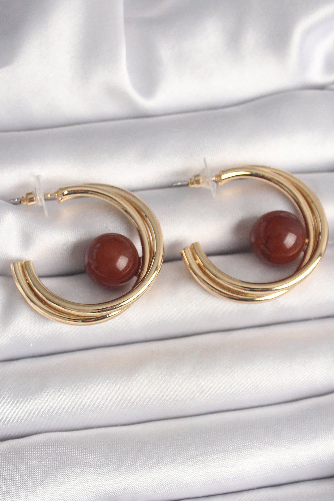 EBJ Gold Color Rice Ring Model Brown Bead Detail Women's Earring - Viladecáns