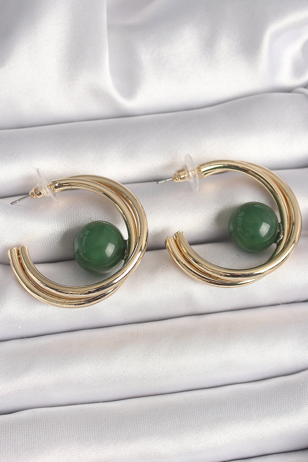 EBJ Rice Gold Color Ring Model Green Bead Detail Women's Earring - McAllen