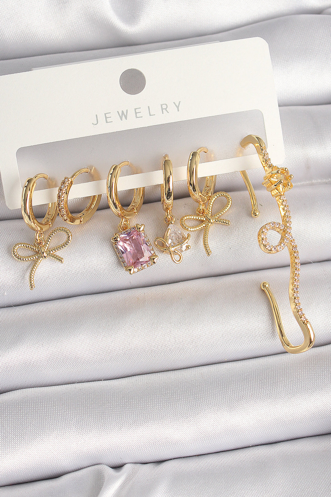 EBJ Rice Gold Color Tassel Ribbon Pattern Pink Square Zircon Stone Women's Earring Set - Malden