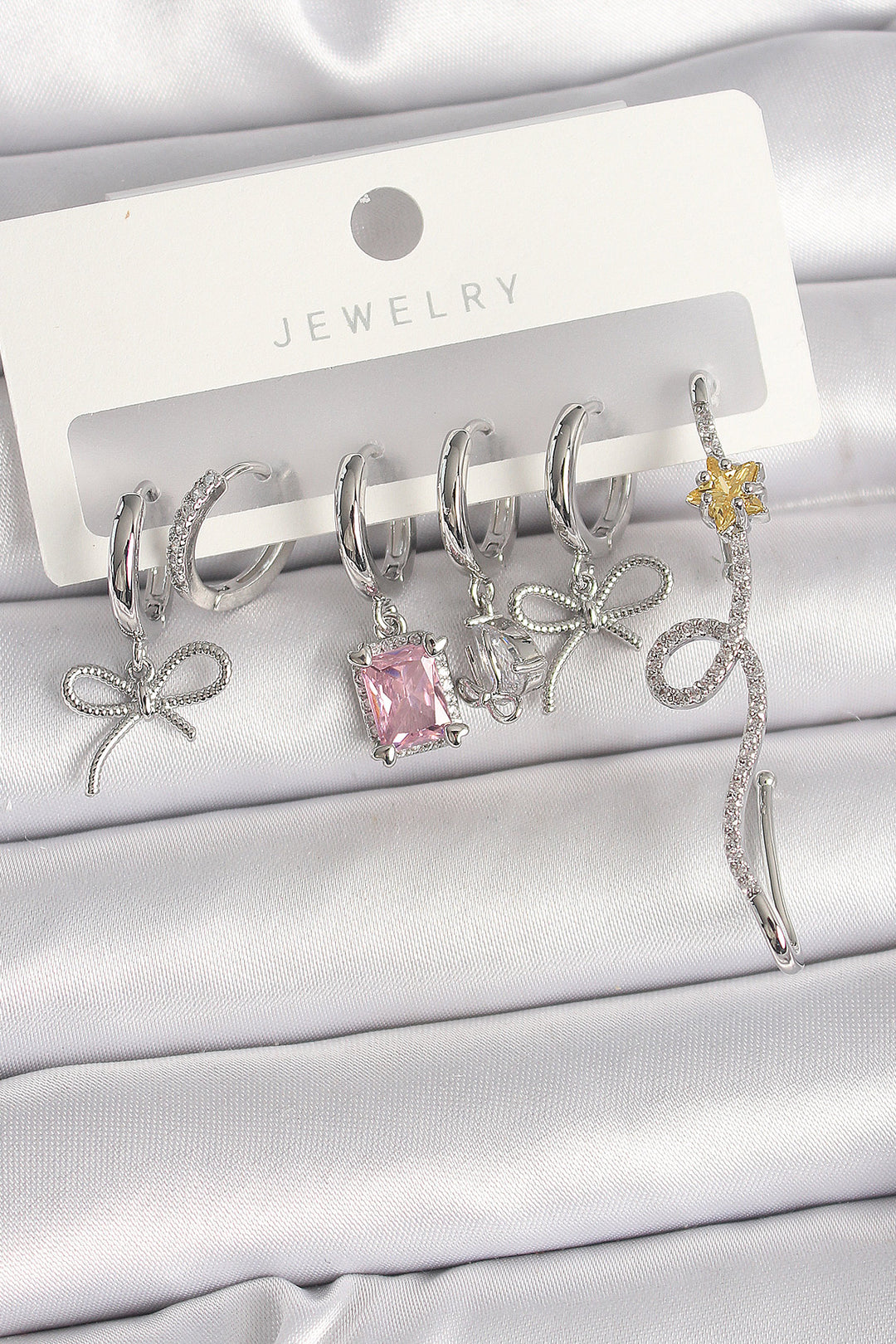 EBJ Rice Silver Color Dangle Ribbon Tail Star Figure Pink Square Zircon Stone Detail Women Earring Set - Hoboken