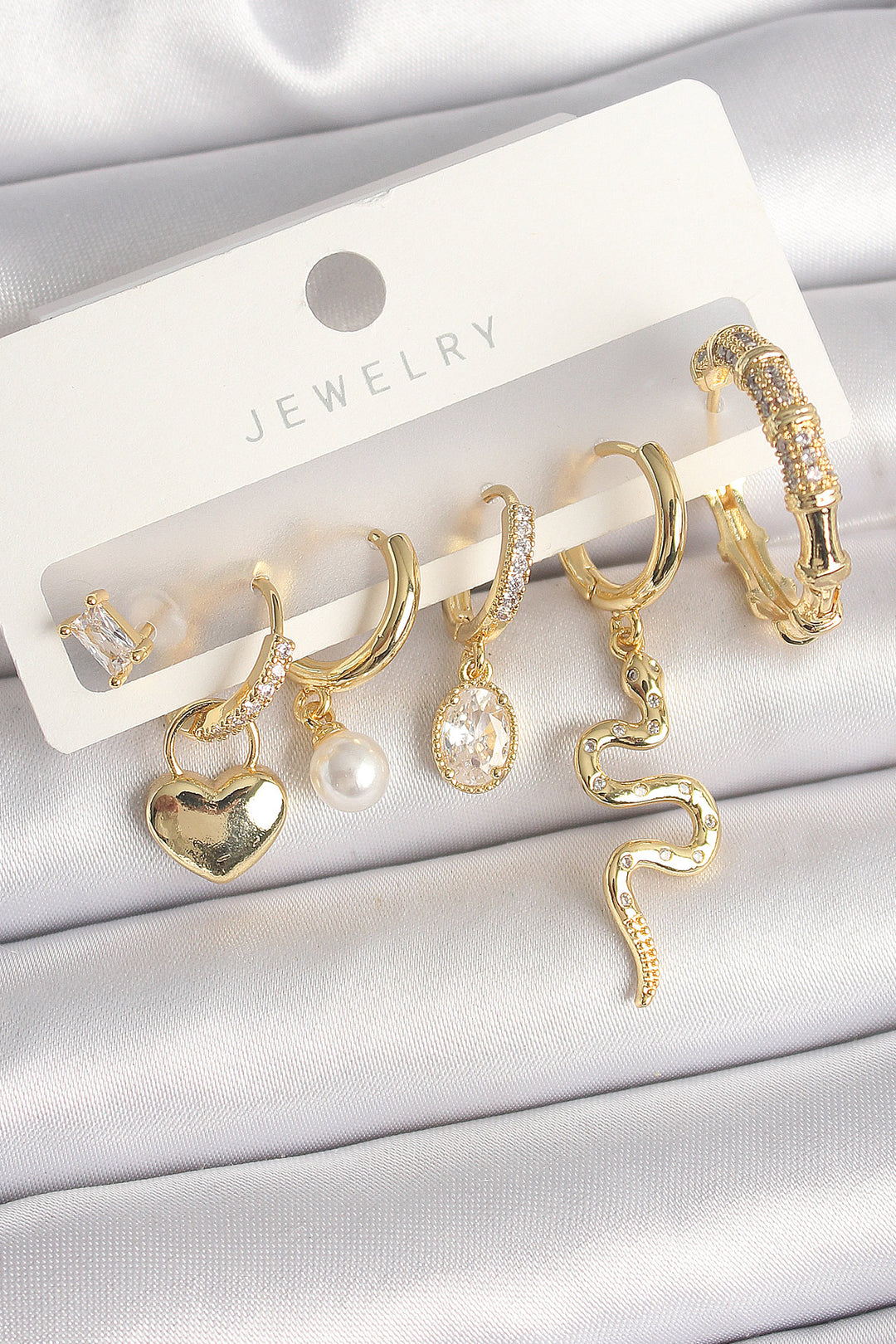 EBJ Rice Gold Color Dangle Snake Pattern Zircon Stone Hoop Lock Heart Detail Women Earring Set - Noisy-le-Grand