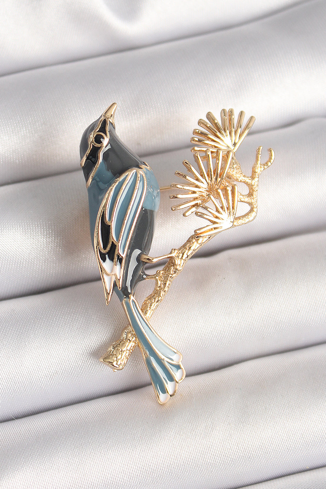 EBJ Rice Gray Bird Pattern Branch Detail Women's Brooch - Springdale