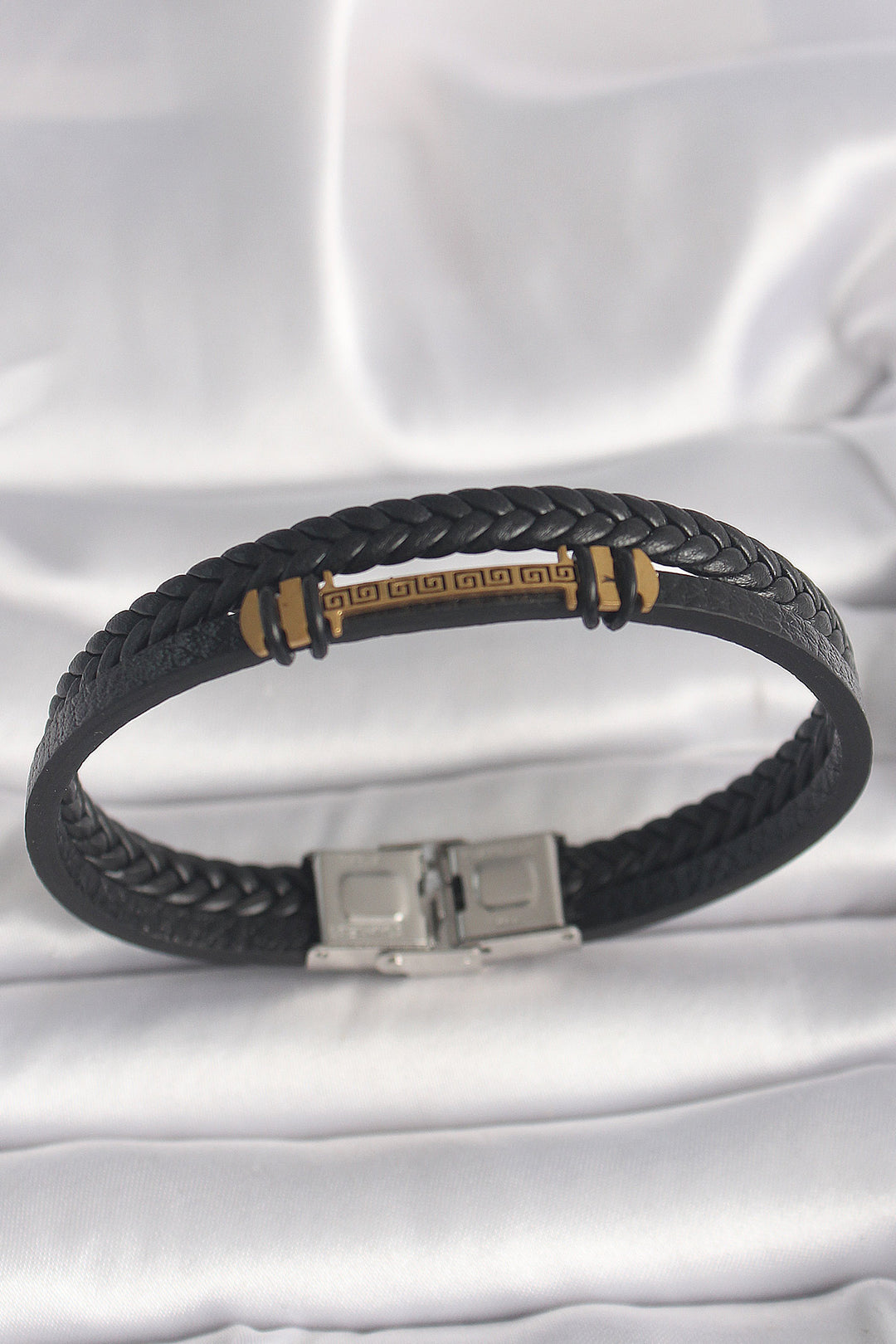 EBJ 316L Stainless Steel Silver Color Accessorized Double Row Black Twisted Pattern Leather Cord Men's Bracelet - Sunrise