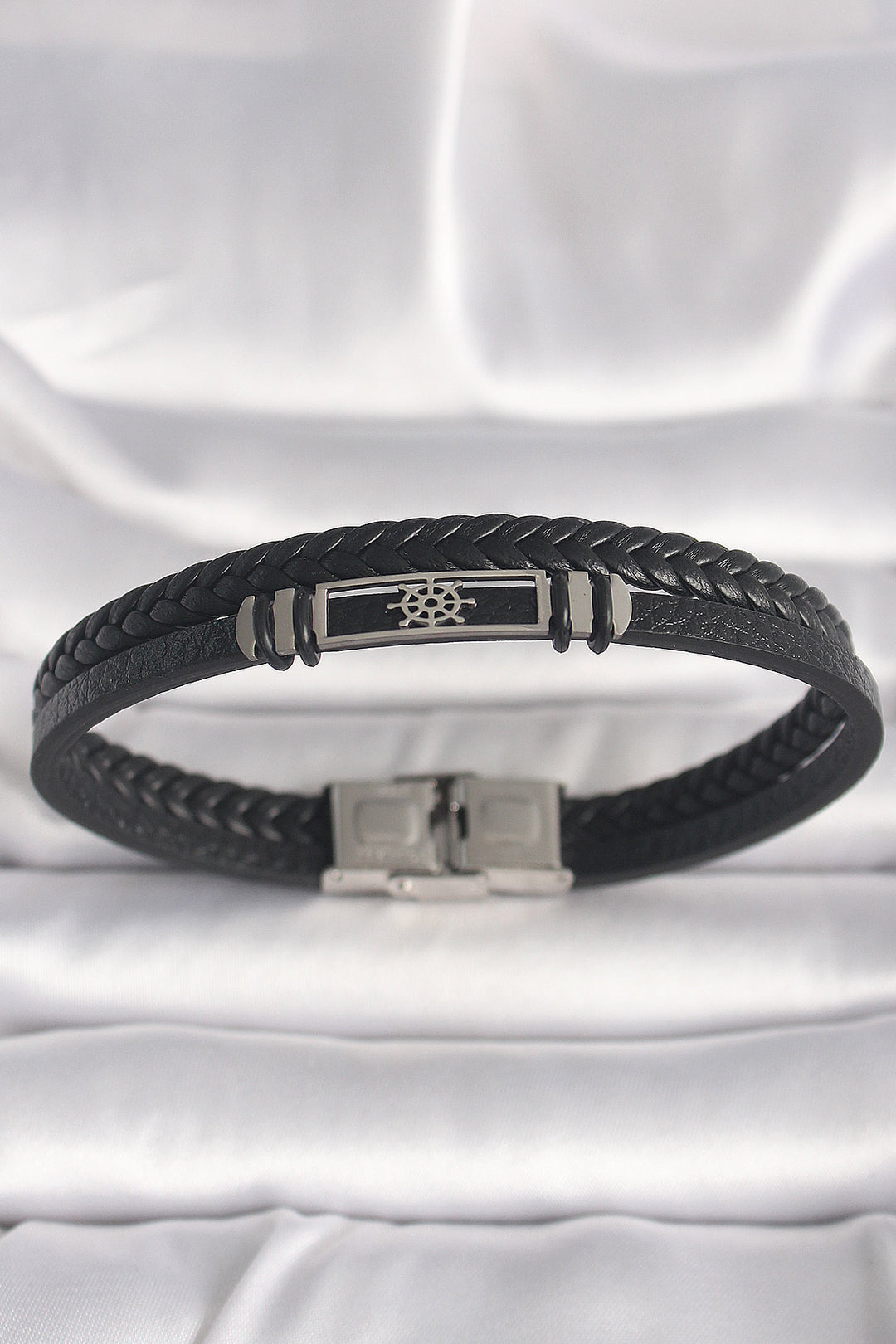EBJ 316L Stainless Steel Silver Color Ship Rudder Figure Black Twisted Leather Cord Model Men's Bracelet - Sassari