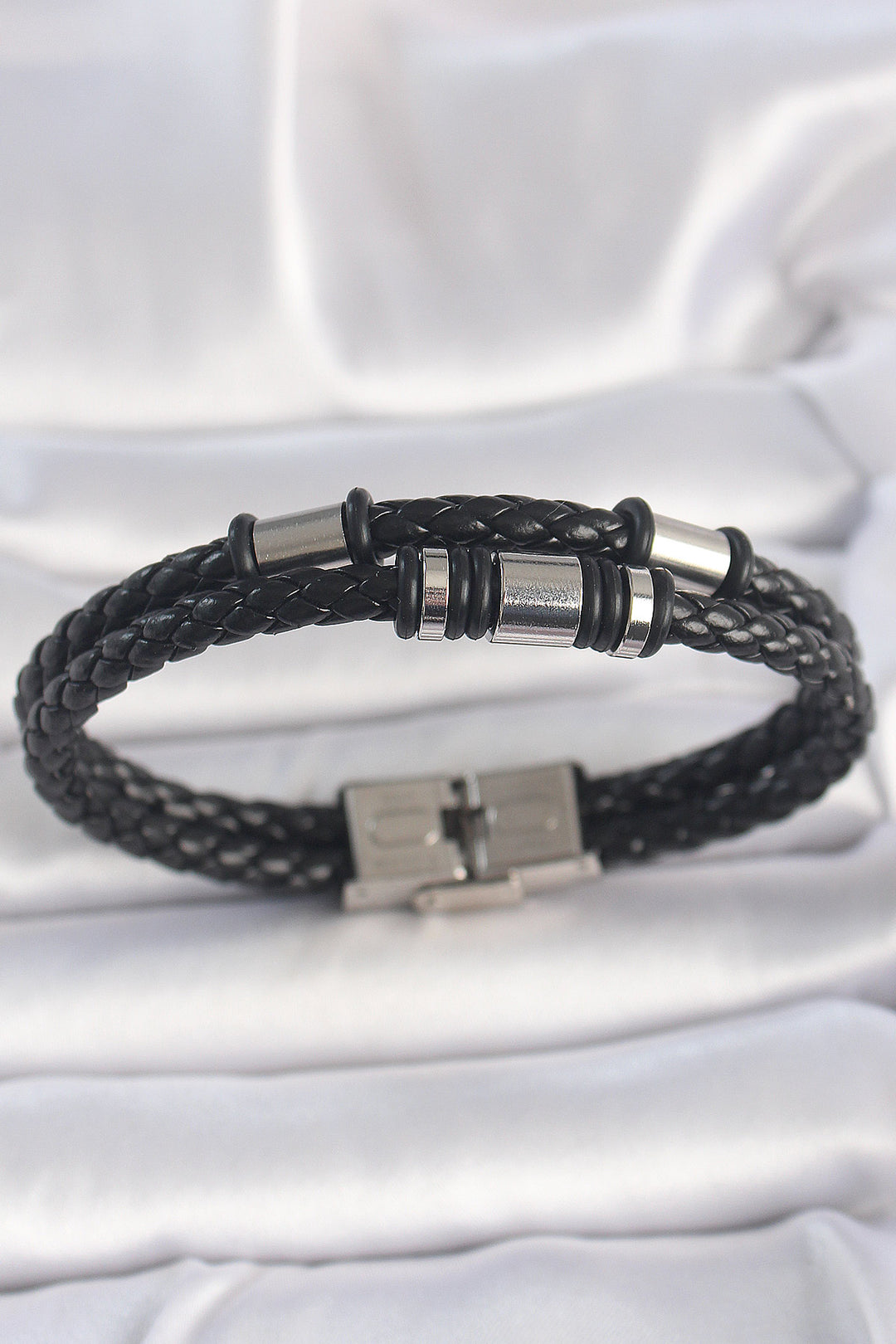 EBJ 316L Stainless Steel Silver Color Accessorized Double Row Black Twisted Pattern Leather Cord Men's Bracelet - Purmerend