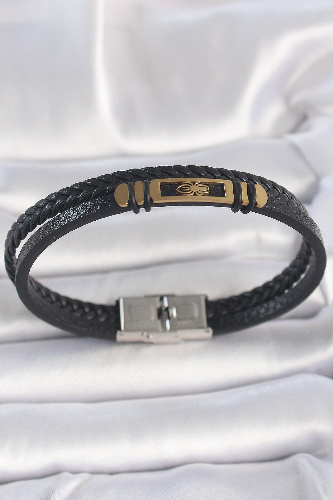 EBJ 316L Steel Gold Color Spider Figure Double Row Twisted Pattern Leather Strap Men's Bracelet - Billerica