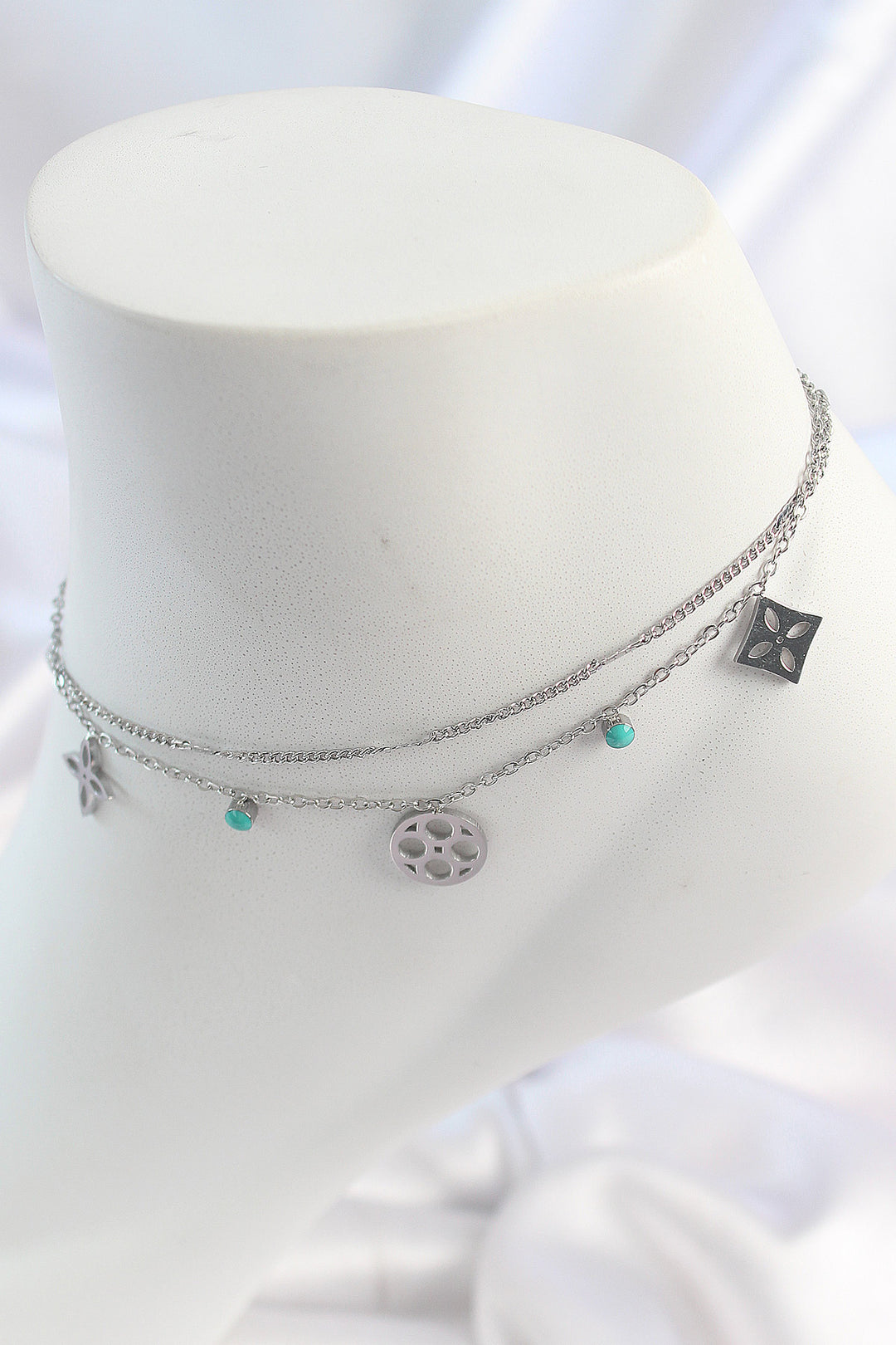 EBJ 316L Steel Silver Color 2-Piece Chain Dream Catcher Figure Blue Stone Detail Women's Anklet - Doetinchem