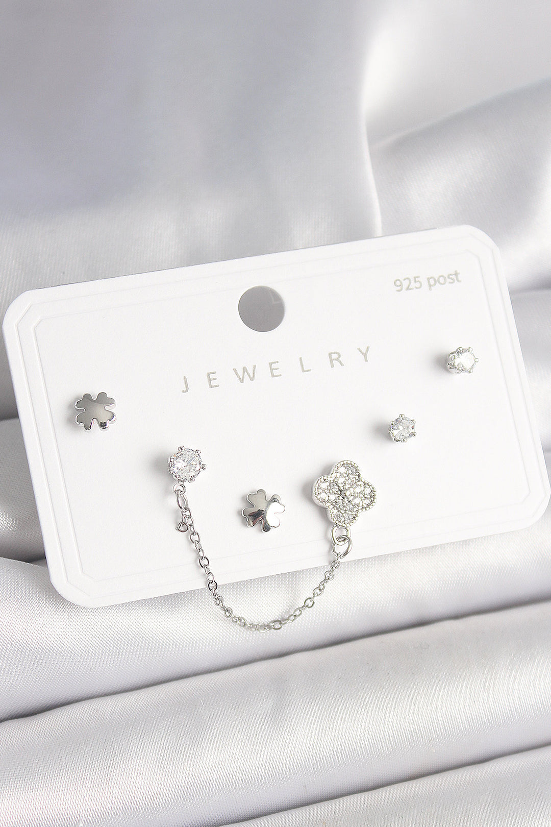 EBJ 925 Sterling Silver Nail Brass Silver Color Clover Model Dangle Chain Detail Women's Earring Set with Zircon Stone - Vista