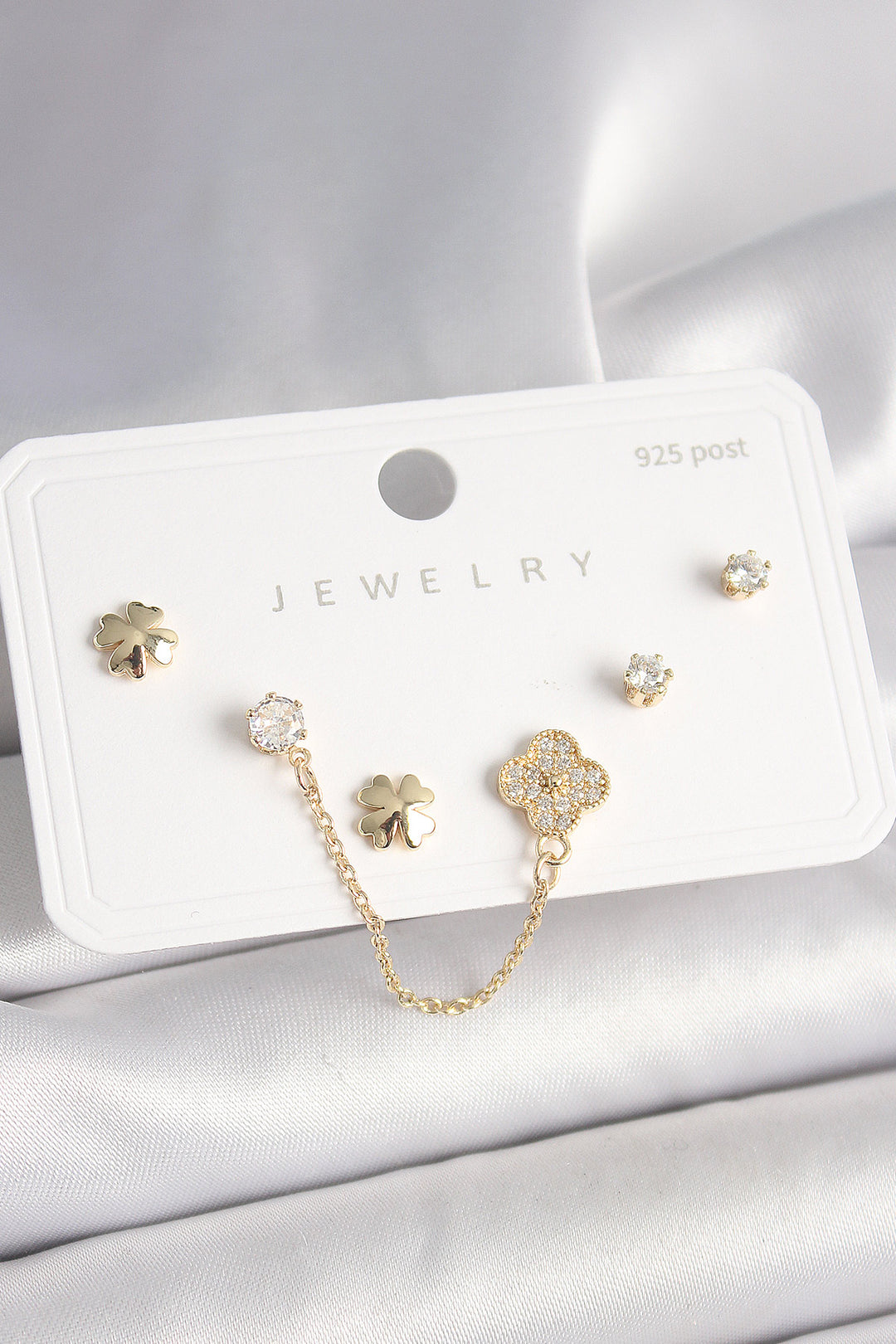 EBJ 925 Sterling Silver Nail Brass Gold Color Clover Model Dangle Chain Detail Women's Earring Set with Zircon Stone - Jáltipan de Morelos