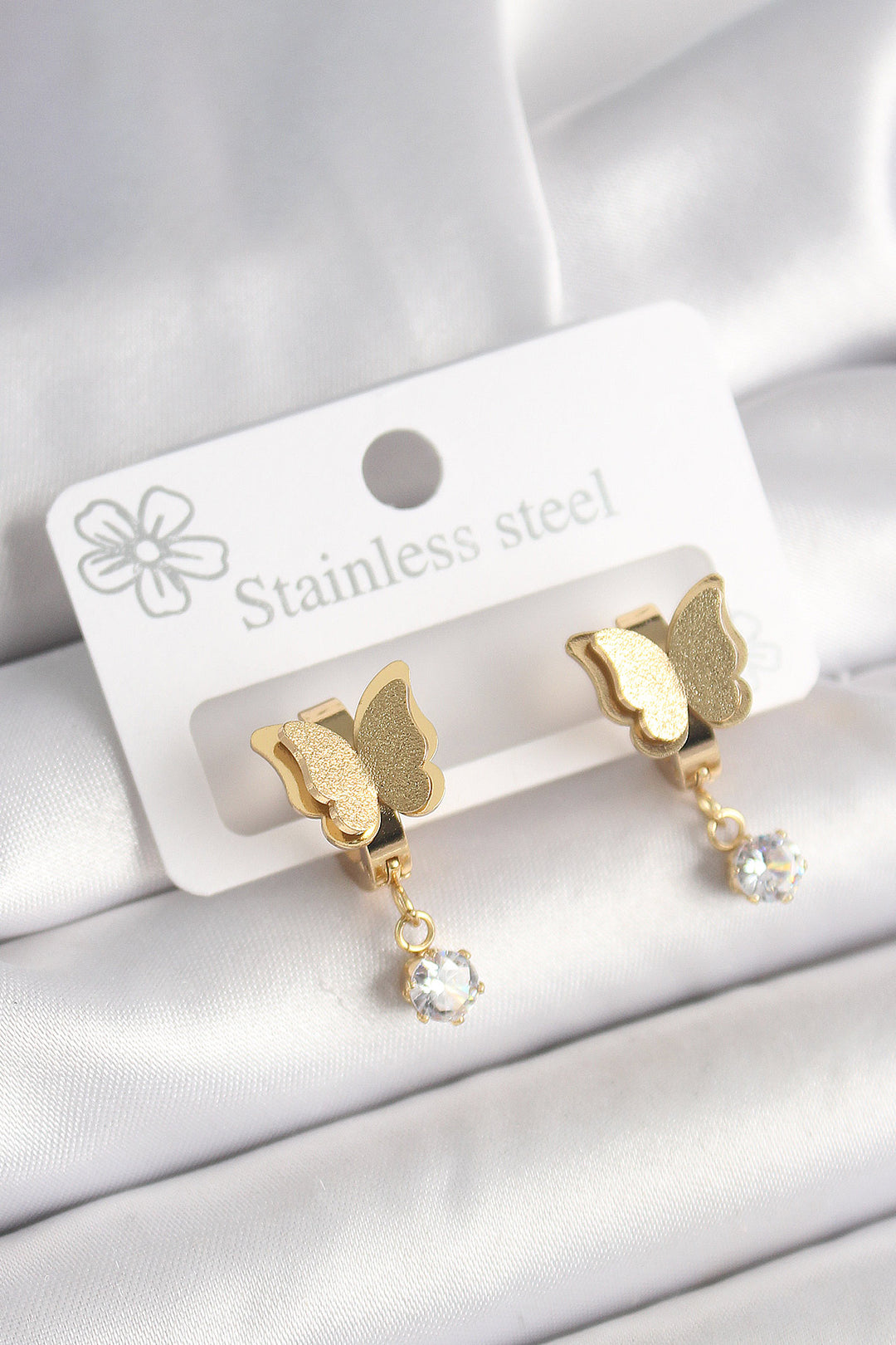 EBJ 316L Steel Gold Color Dangle Zircon Stone Detailed Glitter Butterfly Model Women's Earrings - Beaverton