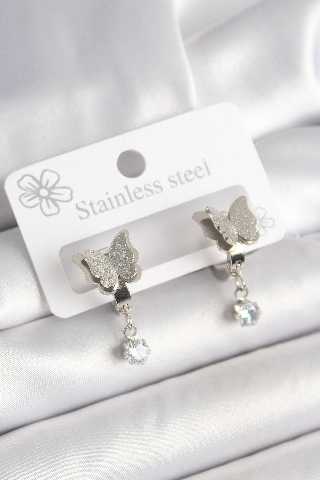 EBJ 316L Stainless Steel Silver Color Dangle Earrings with Zircon Stone and Glittery Butterfly Design for Women - Palencia