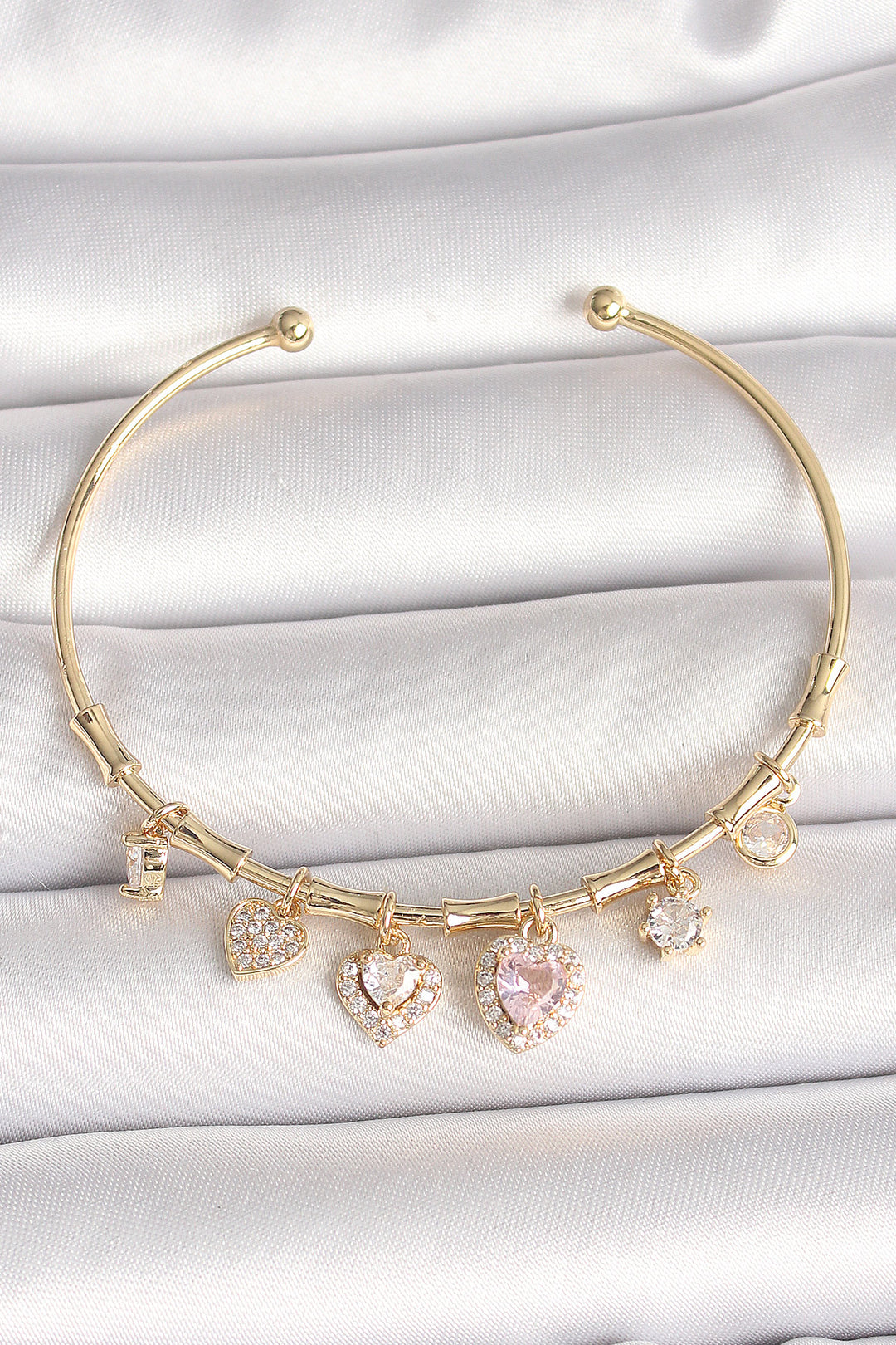 EBJ Rice Gold Color Swinging Pink Zircon Stone Heart Figure Charm Women's Bracelet - Pylaía