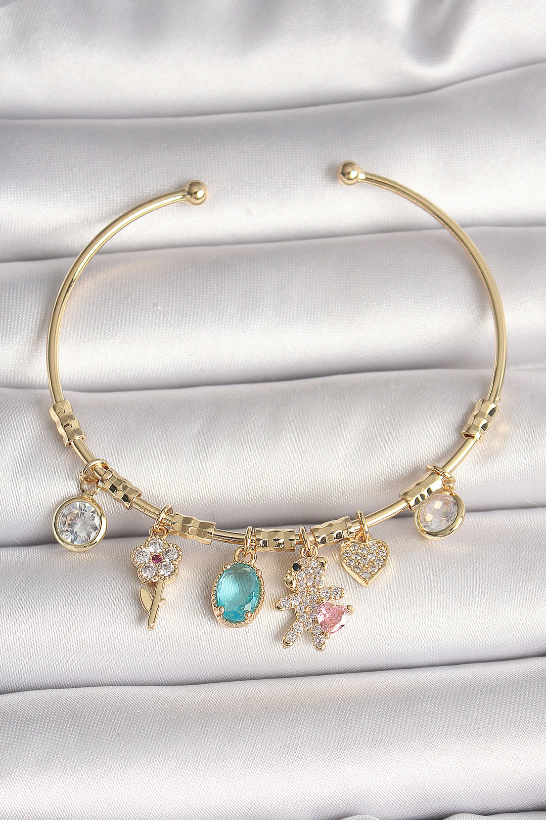 EBJ Rice Gold Color Swinging Zircon Stone Teddy Bear Figure Heart Detail Charm Women's Bracelet - Roy