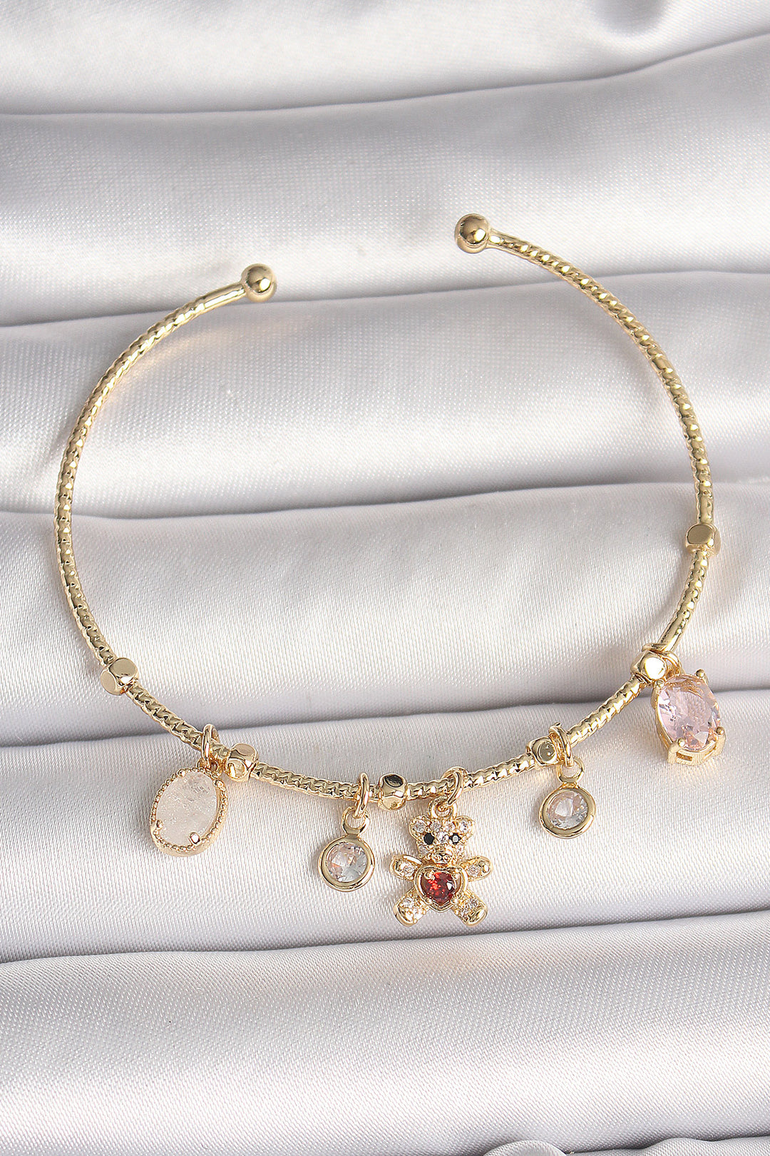 EBJ Rice Gold Color Swinging Bear Figure with Zircon Stone Red Heart Detail Charm Women's Bracelet - Mandeville