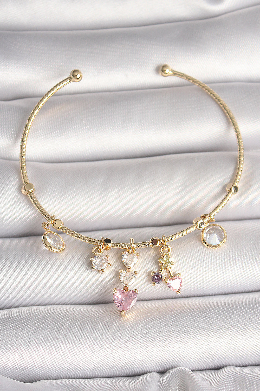EBJ Rice Gold Color Swinging Heart Figure with Zircon Stone Pink Heart Detail Charm Women's Bracelet - Drobeta-Turnu Severin