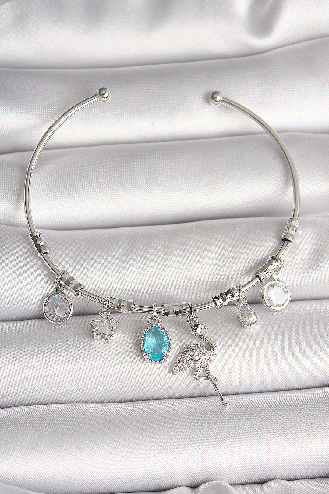 EBJ Rice Silver Color Dangle Flamingo Figure Charm Women's Bracelet with Zircon Stone - Taunton