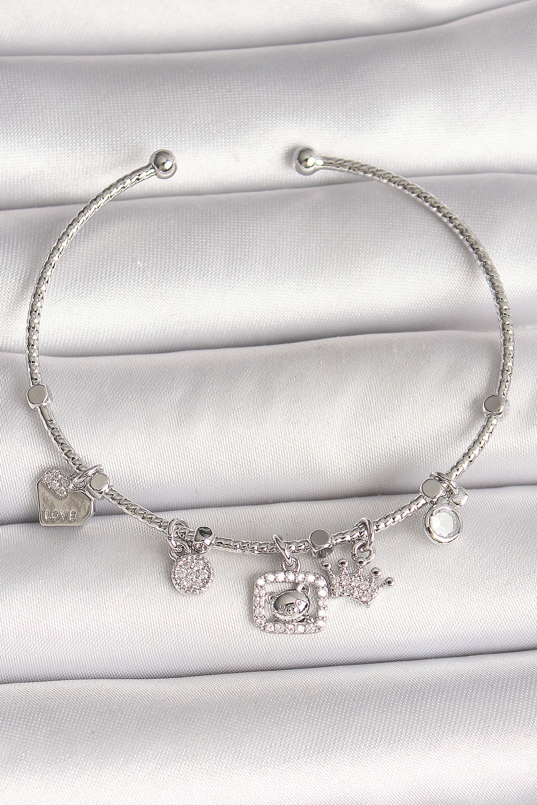EBJ Rice Silver Color Dangle Bear Figure Crown Detail Charm Women's Bracelet with Zircon Stone - Victoria
