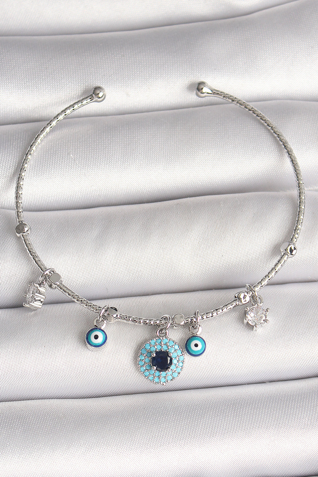 EBJ Rice Silver Color Dangle Evil Eye Bead Figure Charm Women's Bracelet with Zircon Stone - Eccles