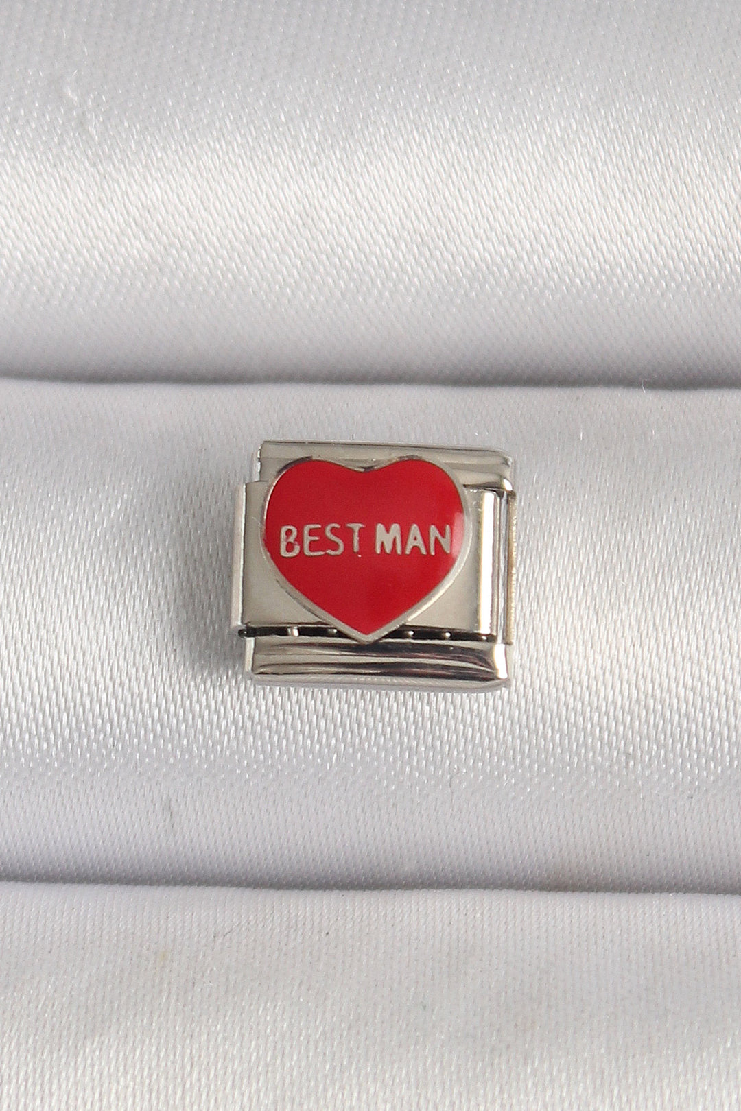 EBJ 316L Steel Silver Color 'Best Man' Written Red Heart Embroidered Nomination Charm - Burriana