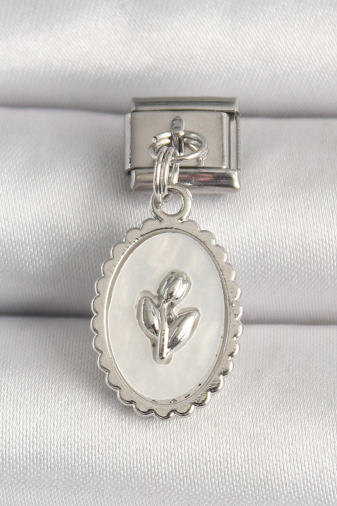 EBJ 316L Steel Silver Color White Enamel Flower Embroidered Nomination Charm - New Westminster